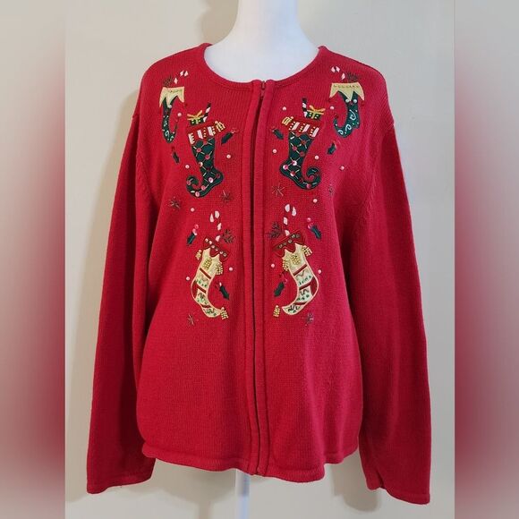 Vintage Christmas Stockings Zip Front Jacket Cardigan Size Large - Picture 1 of 6